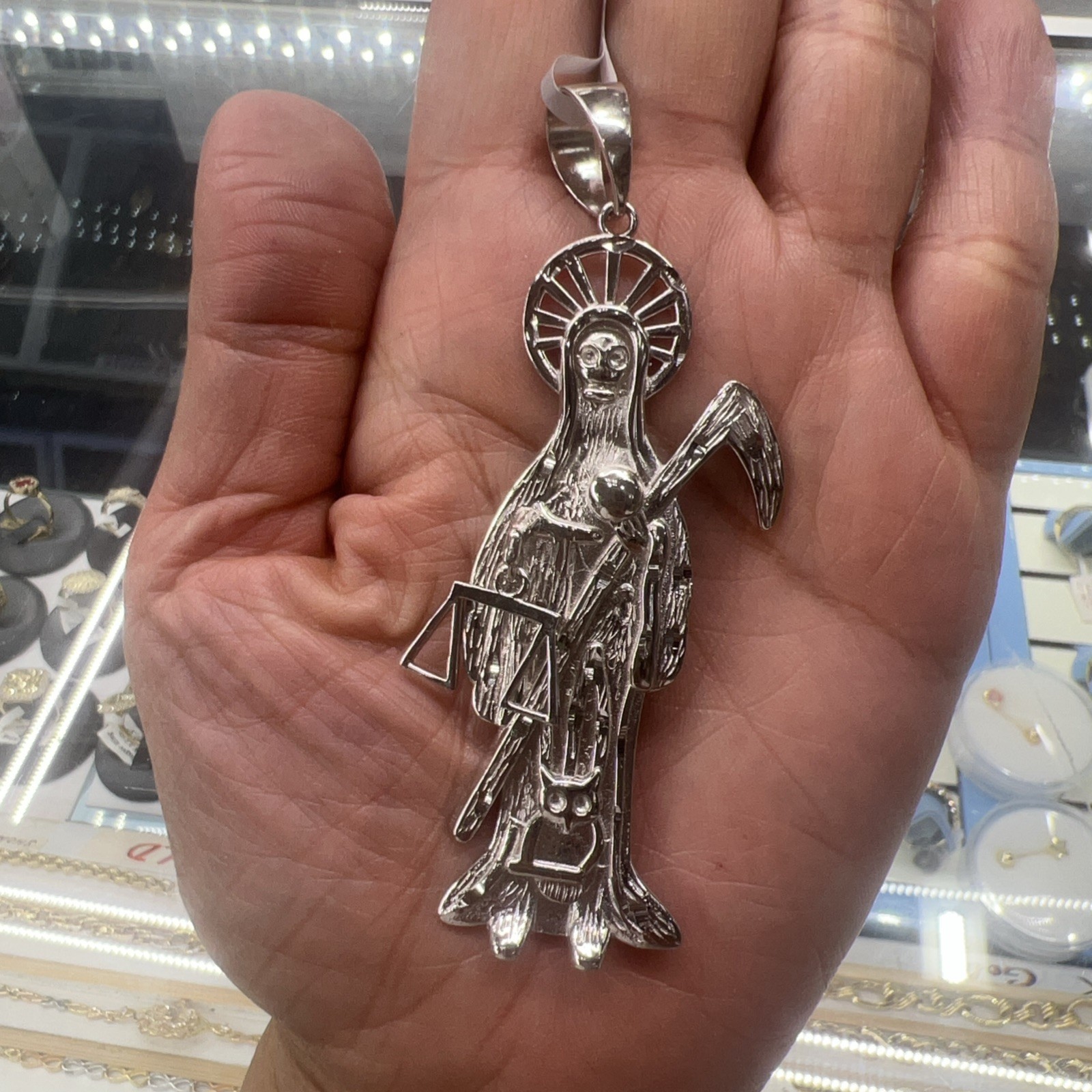 Sterling Silver Grim Reaper Pendant Dije de la Santa Muerte en PLATA XLarge 3”
