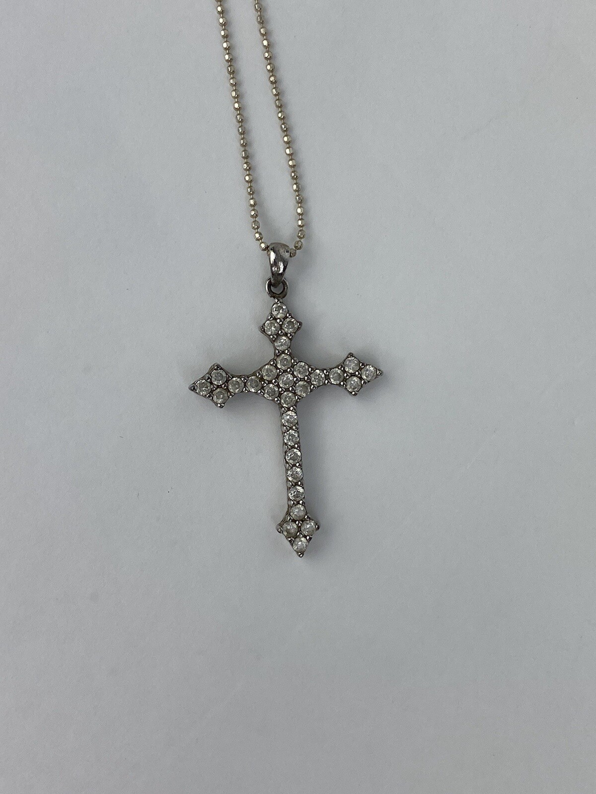 Sterling Silver 16″ Necklace Gothic Cross Pendant Clear CZ Ball Chain