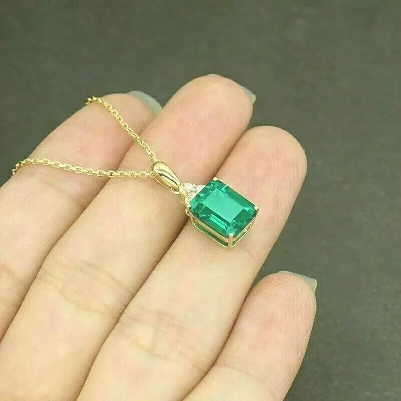 2Ct Lab Created Green Emerald Cut Womens Pendant 14K Yellow Gold Plated 18″Chain