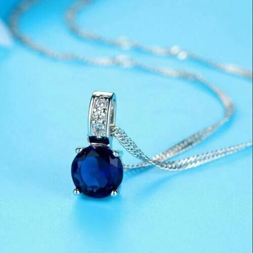 2Ct Round Cut Blue Sapphire Solitaire Pendant 14K White Gold Finish Free Chain