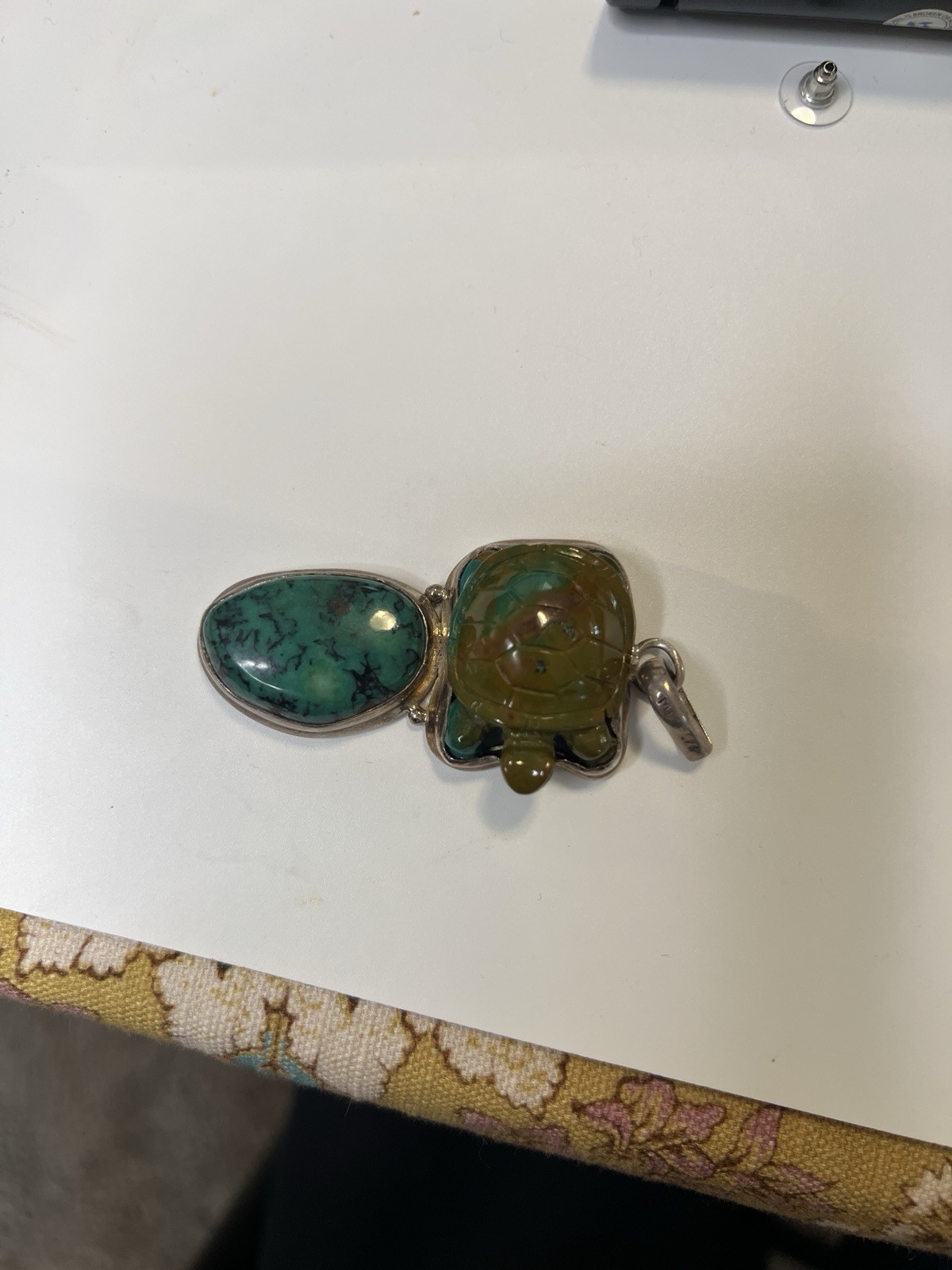 Sterling Silver 925 Turquoise Turtle Pendant History Unknown Acid Tested Rock ID