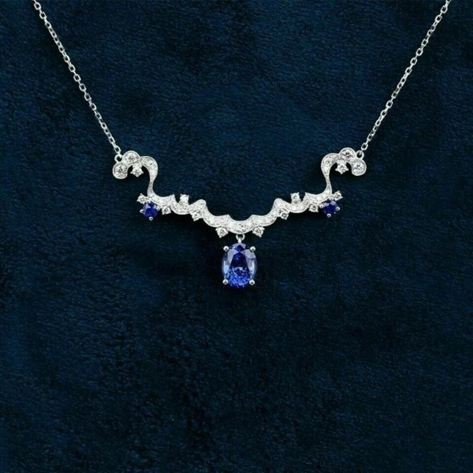 3Ct Oval Cut Sapphire/Diamond Tanmania Necklace 14K White Gold Finish Free Chain