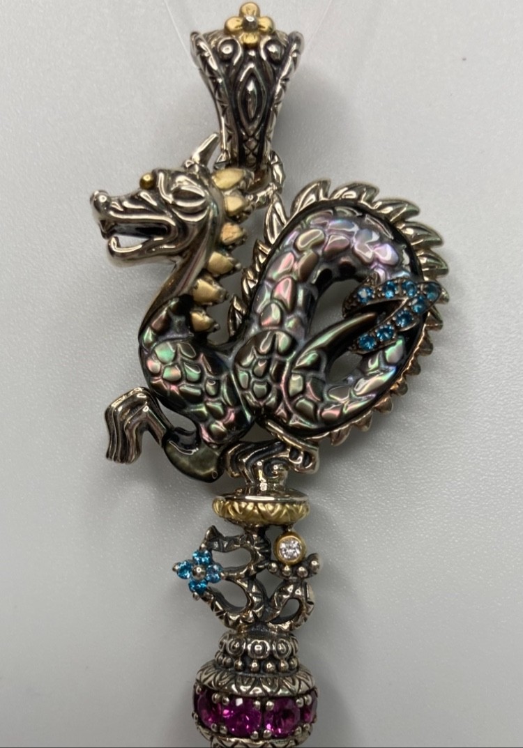 Barbara Bixby Dragon Key Enhancer Pendant Gemstones 18k Gold Sterling 925 in Box