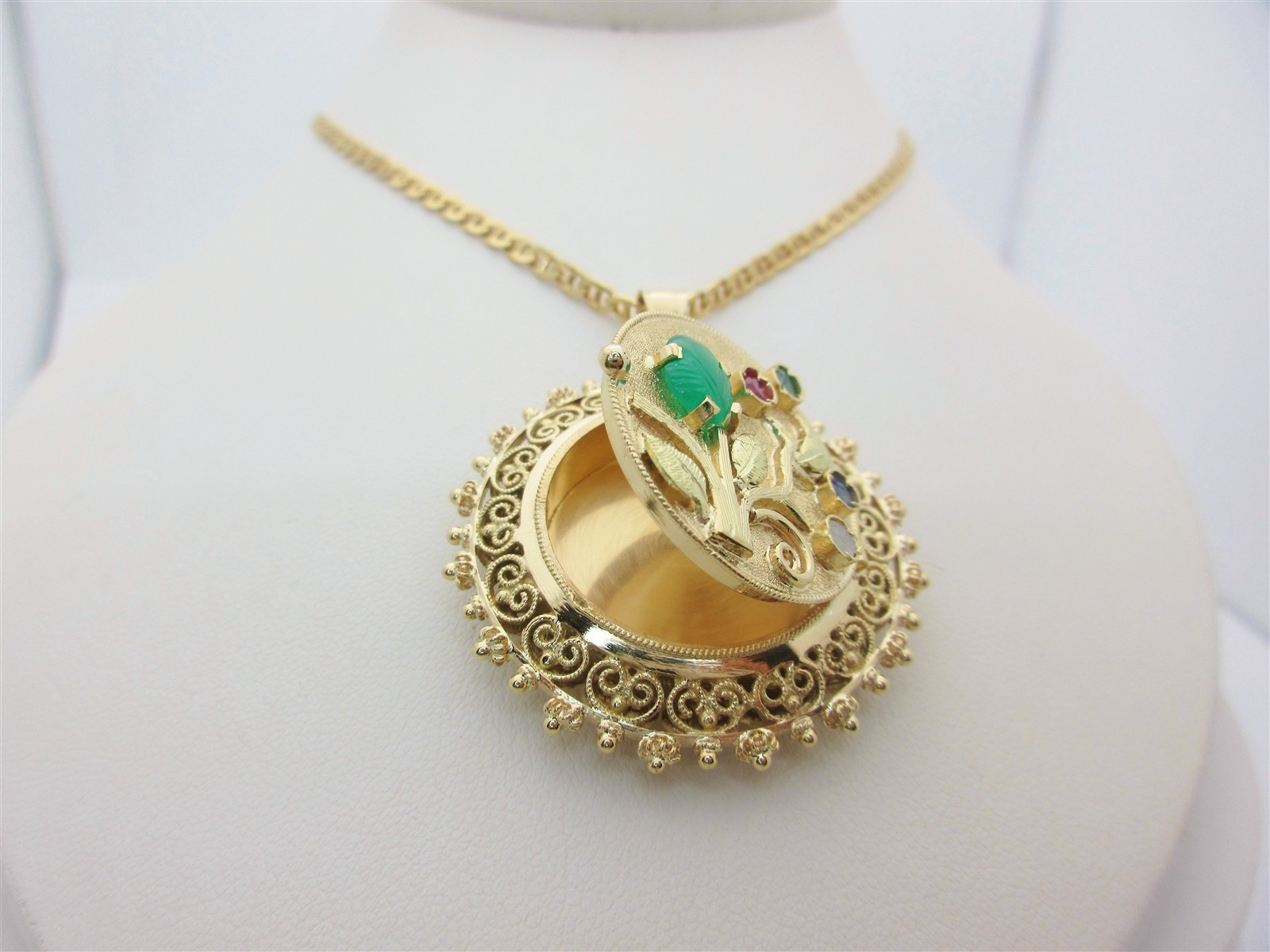 18K Antique Filigree Necklace Pill Box Stash Reversible Locket Gemstone 23″ N437