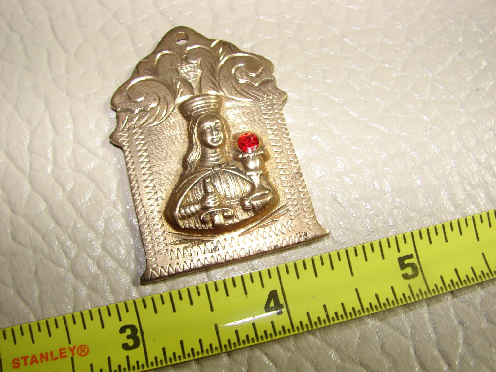 Vtg Copper Brass Saint Barbara Cathedral Pendant w/ Red Ruby, 1 1/2″