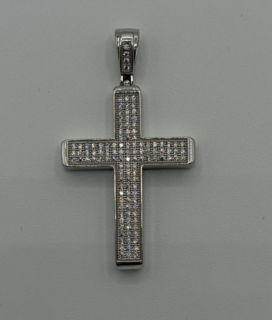 925 Sterling Silver Religious Cross Pendant Round CZ 1.95″ 9.42g