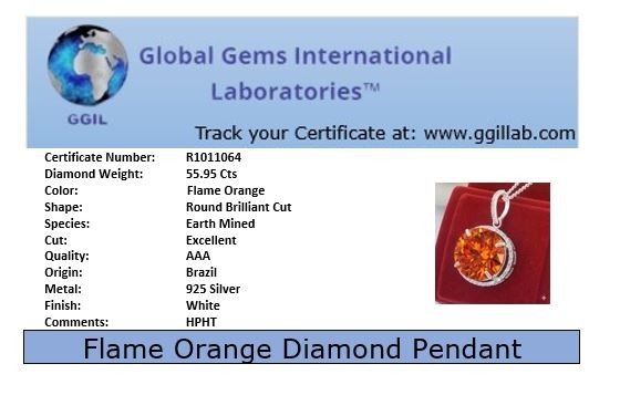 HUGE 55.95 Ct Certified Flame Orange Diamond Pendant Necklace-FREE Diamnod Studs