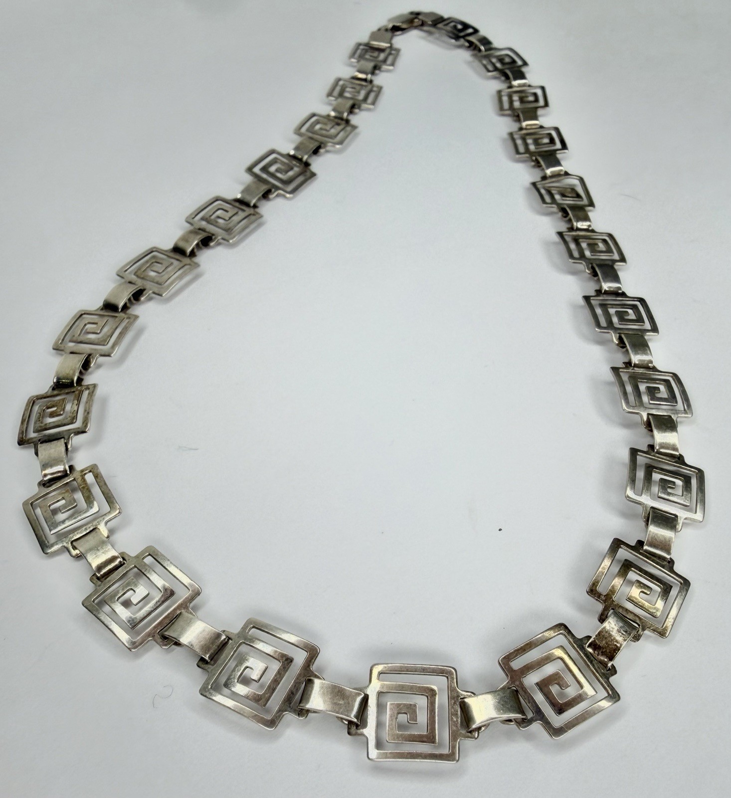 Mexico Sterling Silver Geometric Greek Key Link Chain Necklace 16″