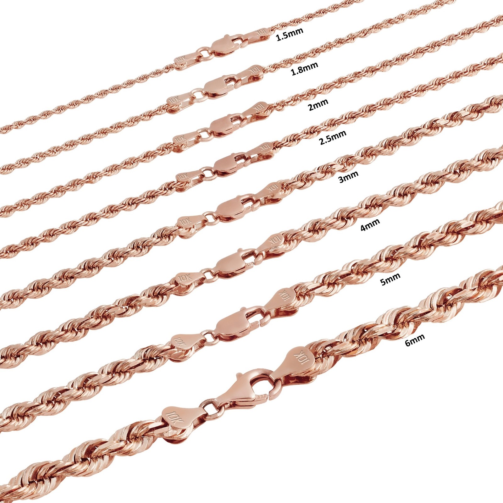 10K Rose Gold 1.5mm-6mm Diamond Cut Rope Chain Necklace Mens Womens 16″-30″
