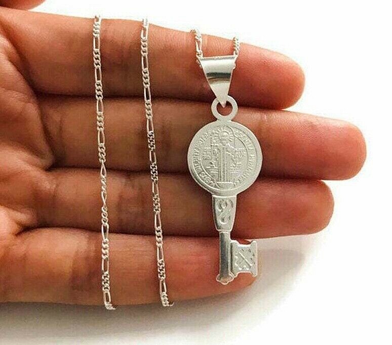 925 Silver Saint Benedict Key Necklace 18″ Long /Cadena San Benito llave – P63-1