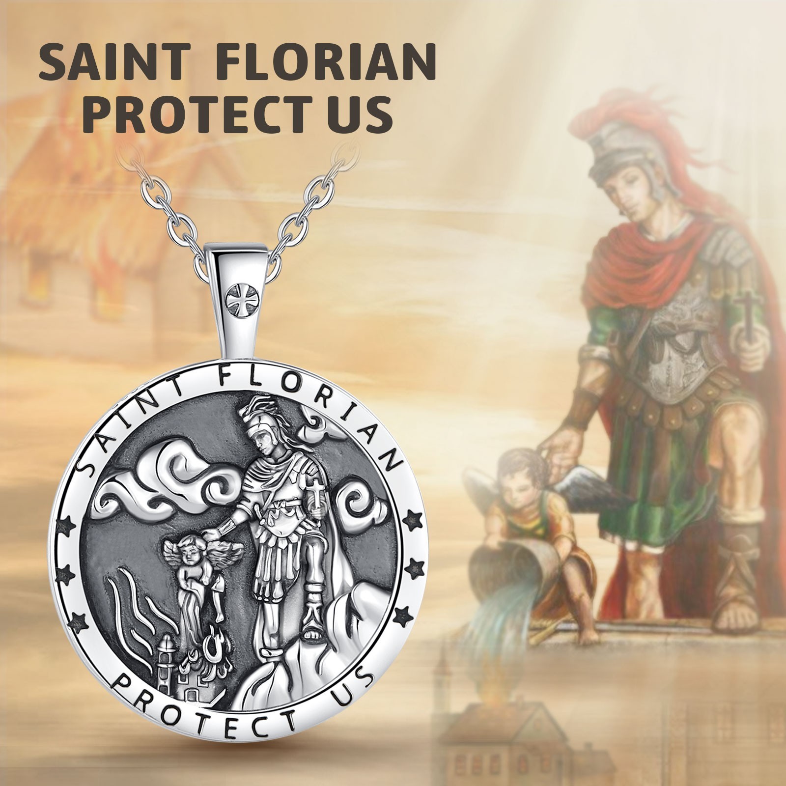 925 Sterling Silver Saint Florian Two-Sided Necklace
