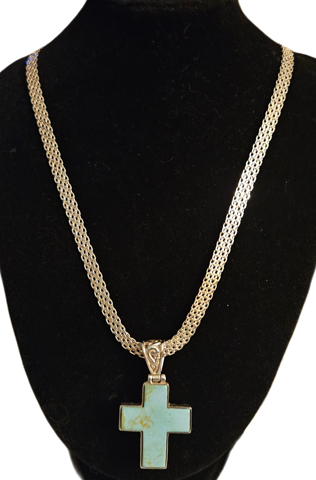 ITALY Silver 925 Bismark Necklace 18″ Turquoise Silver Cross Pendant 20 gr