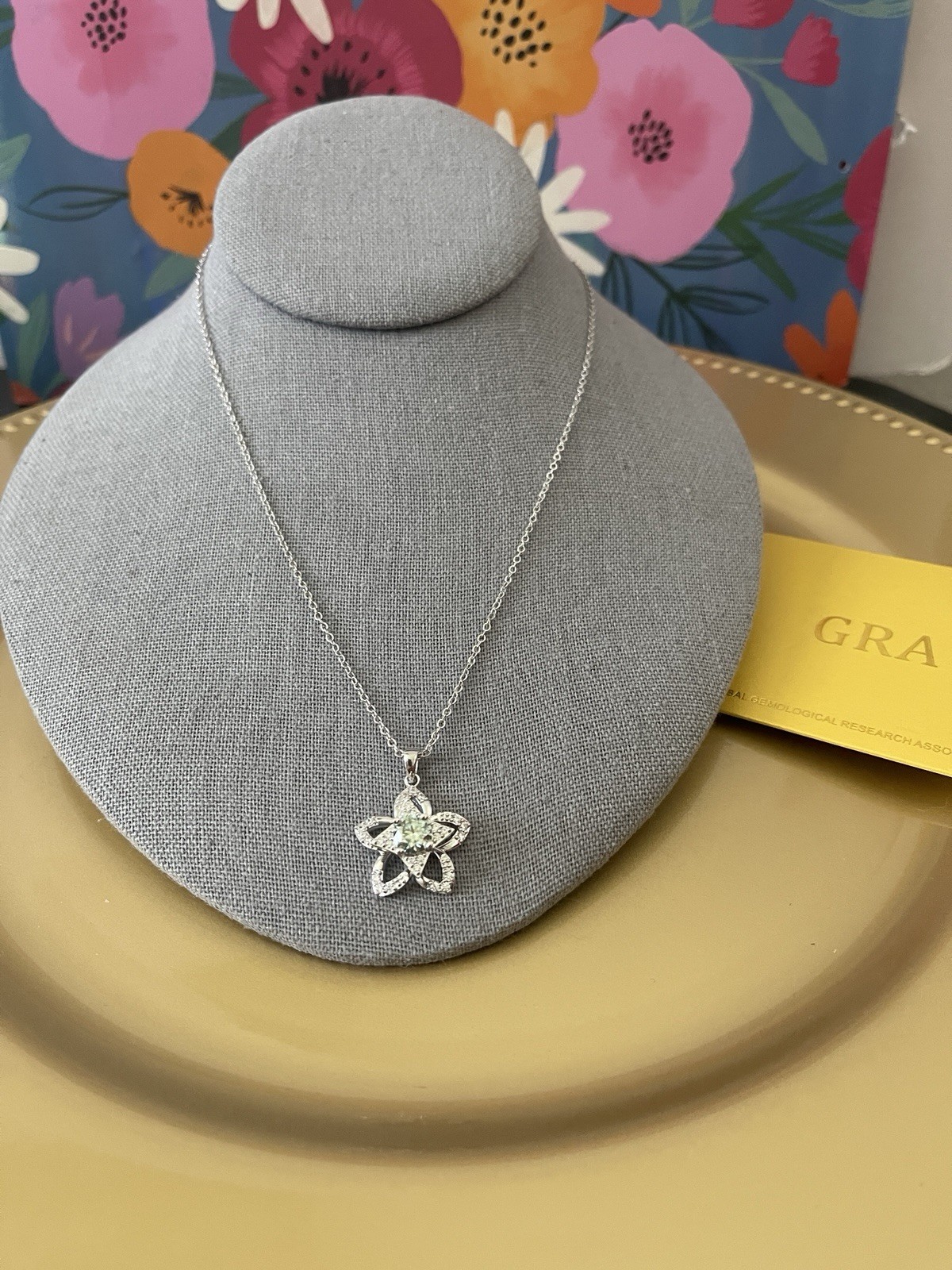 GRA Moissanite 1 CT Floral Pinwheel Turquoise Pendant Necklace NEW