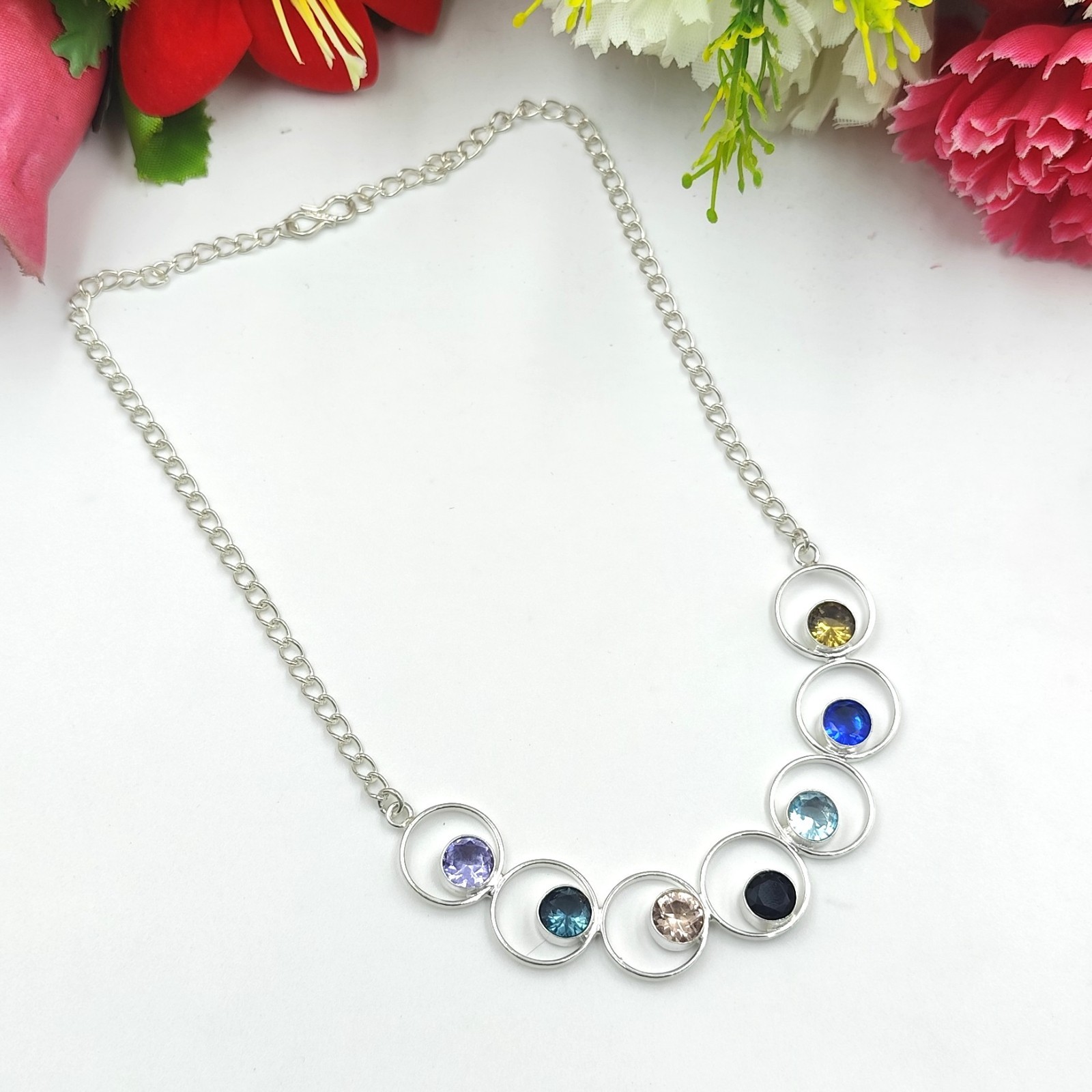 Multi Color Gemstone Handmade 925 Sterling Silver Jewelry Necklace Sz-17-18″