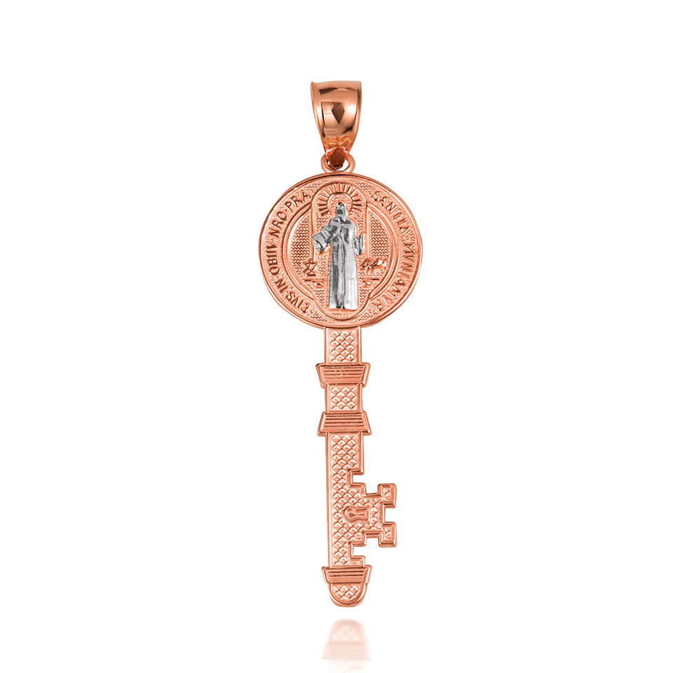 Two-Tone Gold Saint Benedict Medal Key Pendant Necklace (S/L)(Yellow/Rose/White)
