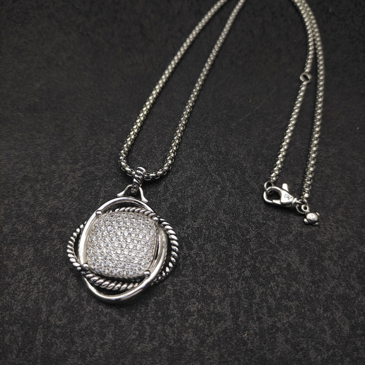 David Yurman 925 Sterling Silver Pavé Diamond Square Cable Frame Pendant Necklac