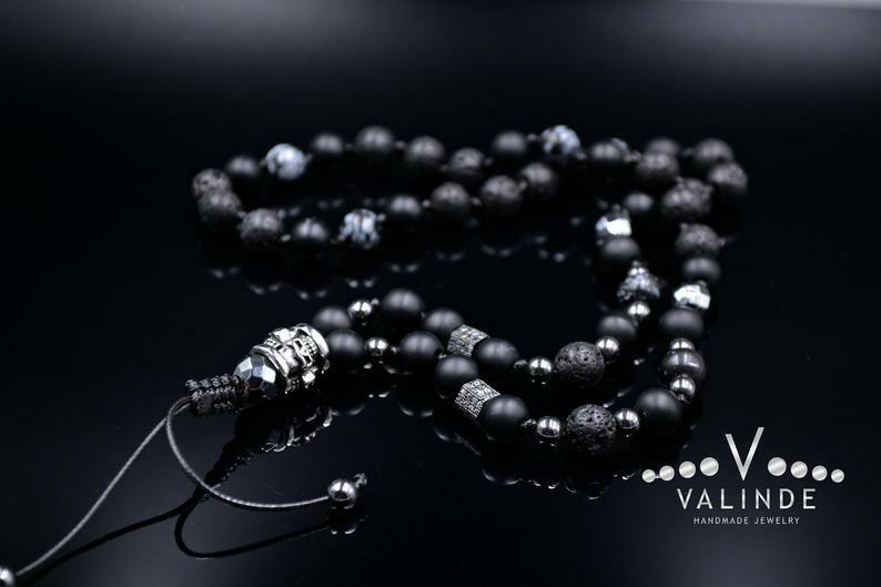 Mens Skull Necklace Cubic Zirconia Obsidian Lava Onyx Hematite Necklace – 70cm