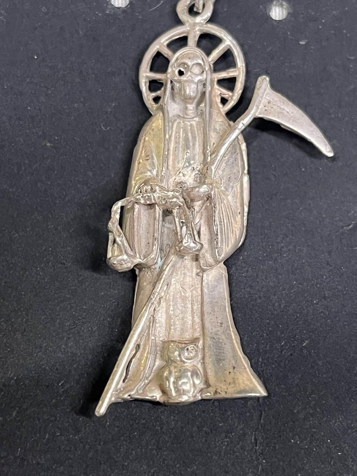 VTG 925 sterling silver Santa Muerte Grim Reaper large pendant 2.5”