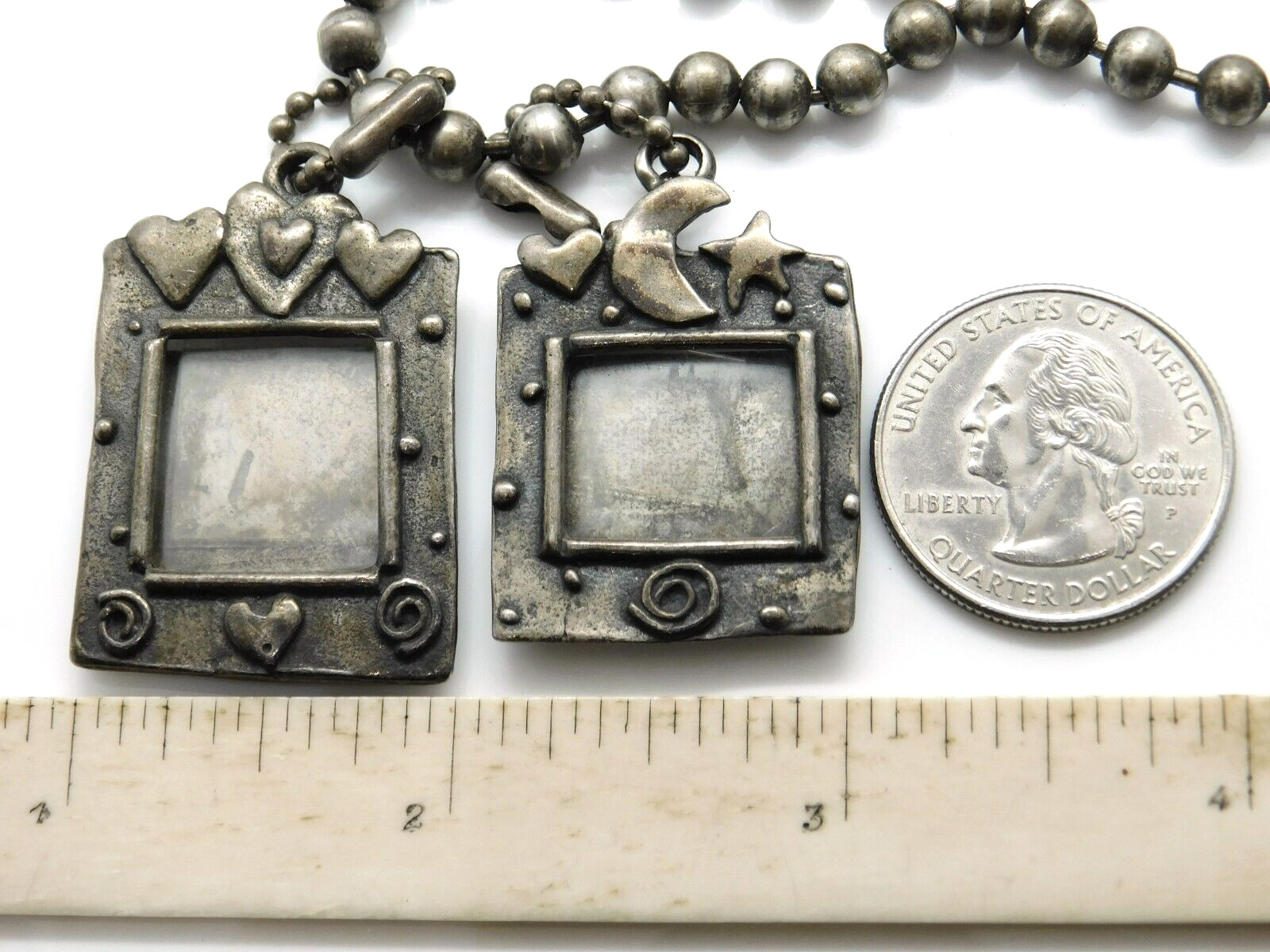 Michele Baratta 925 Sterling Wishing & Hearts Photo Frame Pendants Bead Necklace