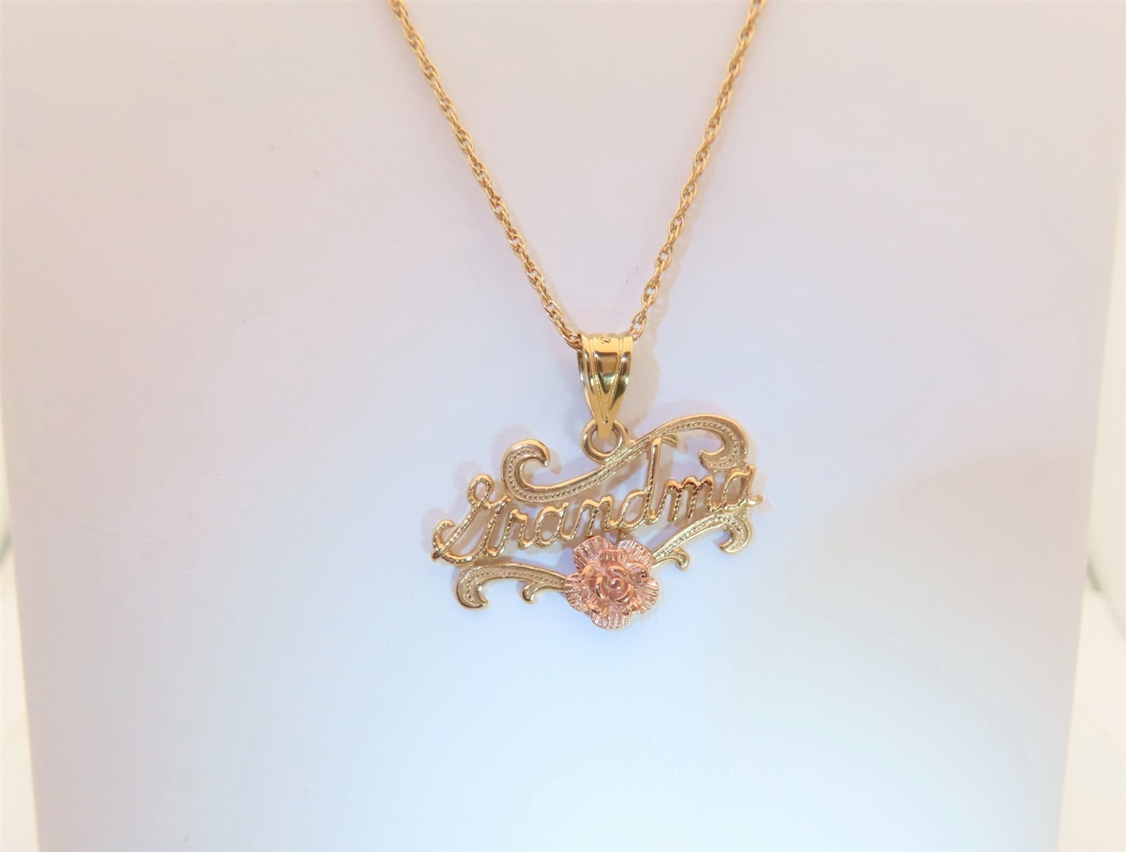 Gold Grandmother Necklace Grandma Jewelry Gift 14K Solid Gold Rose 24″ PN049