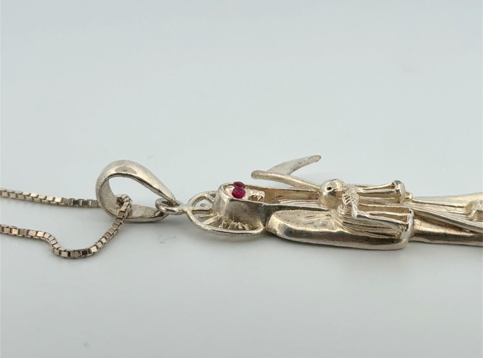 18” Santa Muerte Ruby Eyes Grim Reaper 925 Sterling Silver Necklace 14.1g
