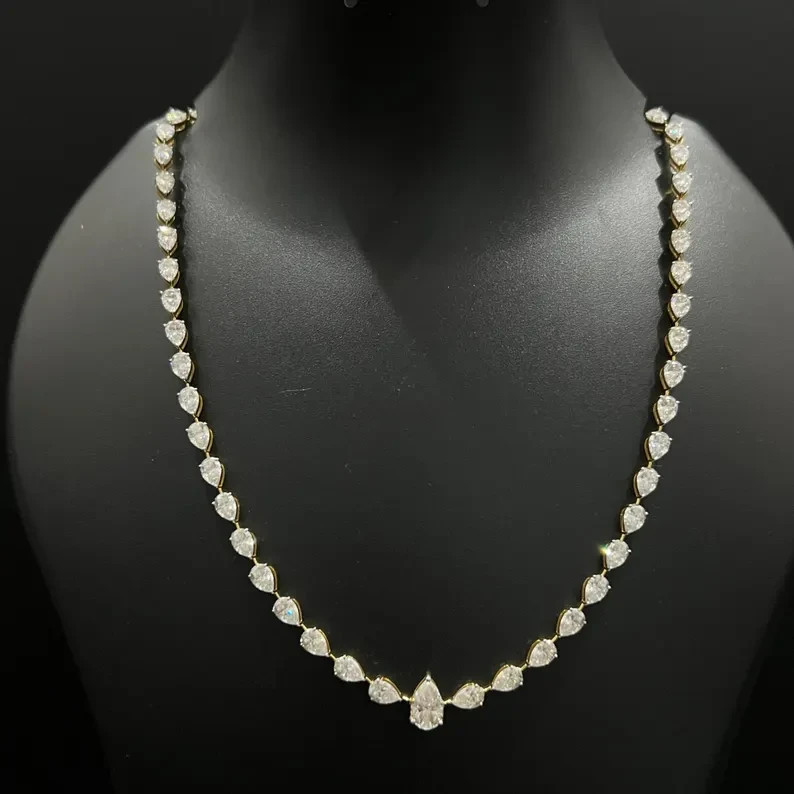 Graduated Tennis Necklace 18Ct Pear Lab-Created Diamond 14K Yellow Gold Over 18″