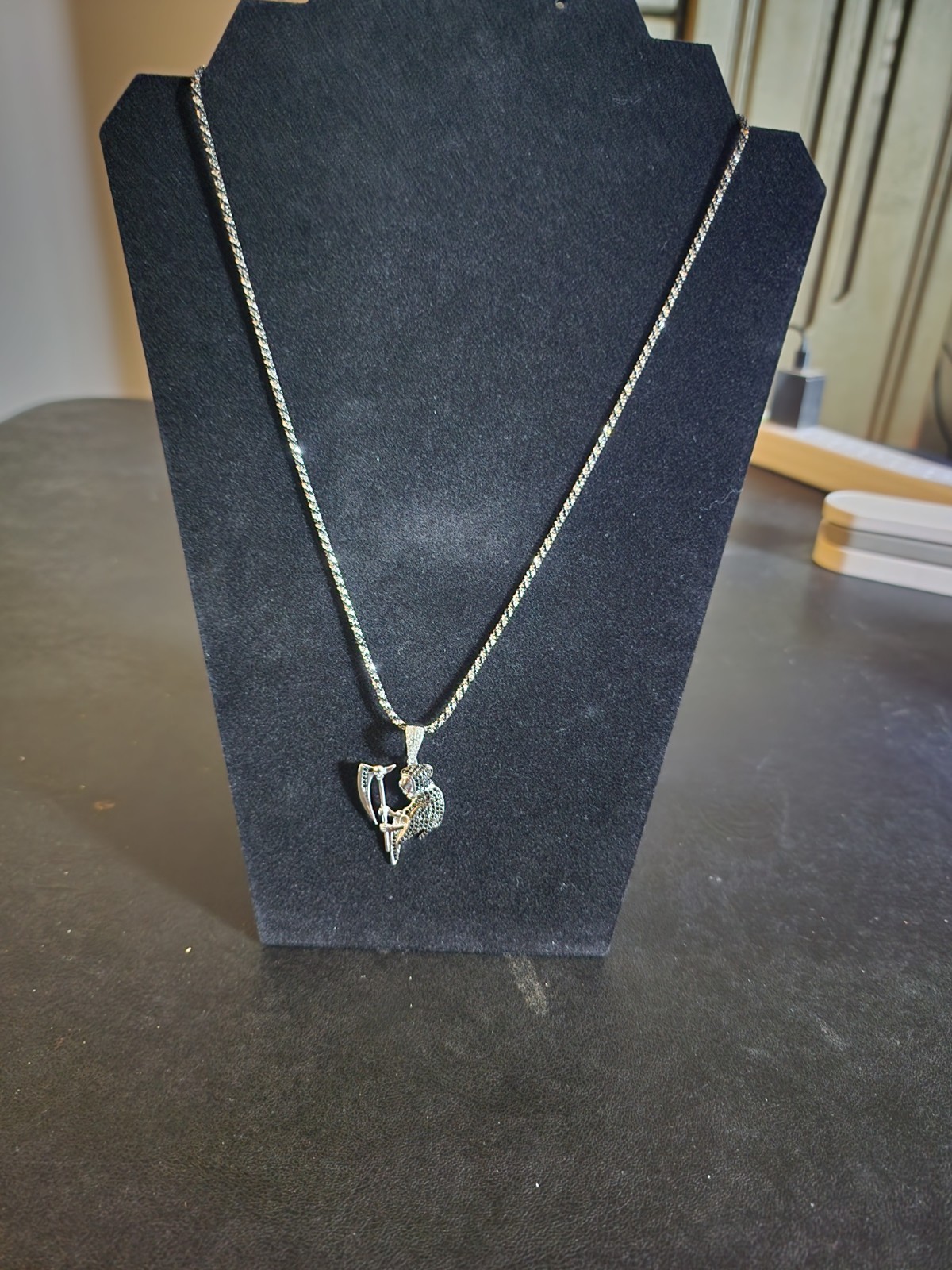 Sterling Silver Grim Reaper Pendant W/Black Rodium & Sterling 24″ chain