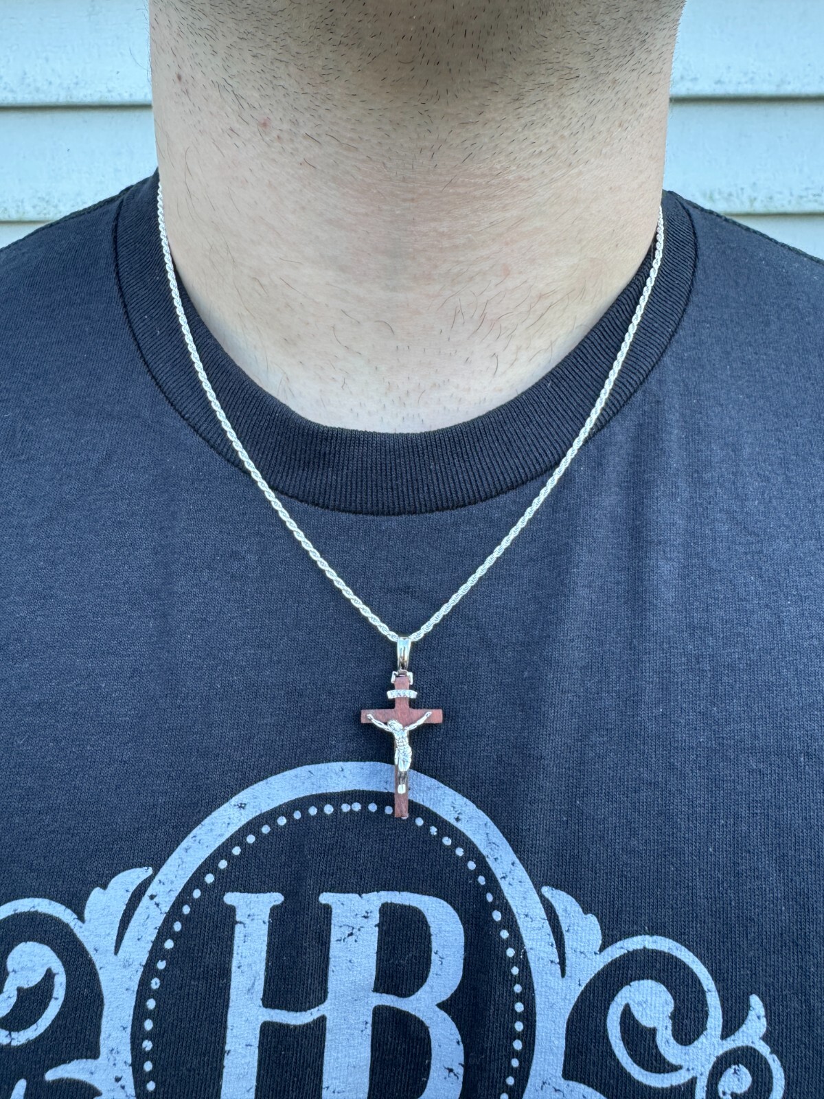 Mens Real 925 Silver Red Cherry Walnut Wood Jesus Cross Pendant Necklace 1.25″