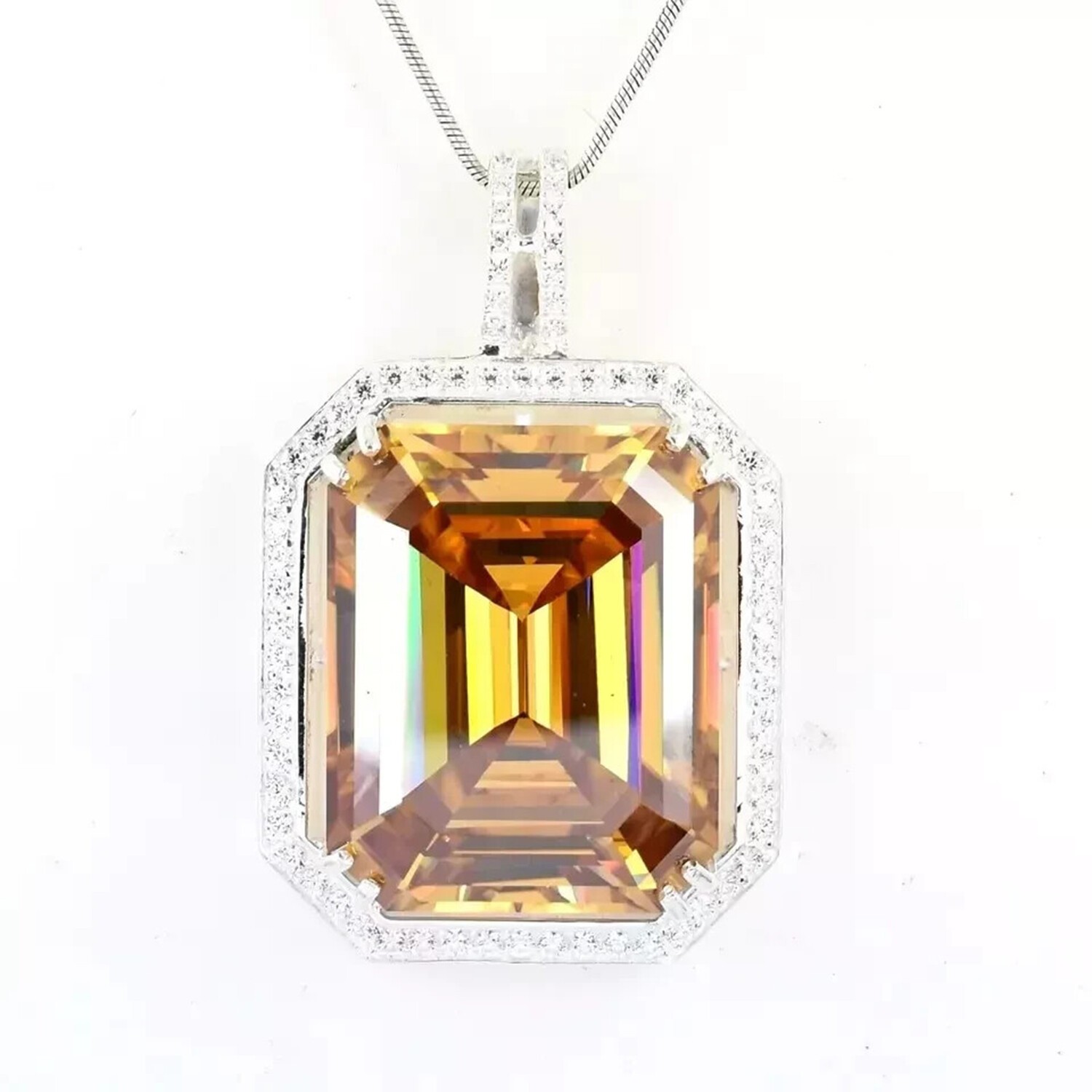 Valentine Gift 10.6 Ct Champagne Emerald Cut Lab Grown Necklace 925 Silver
