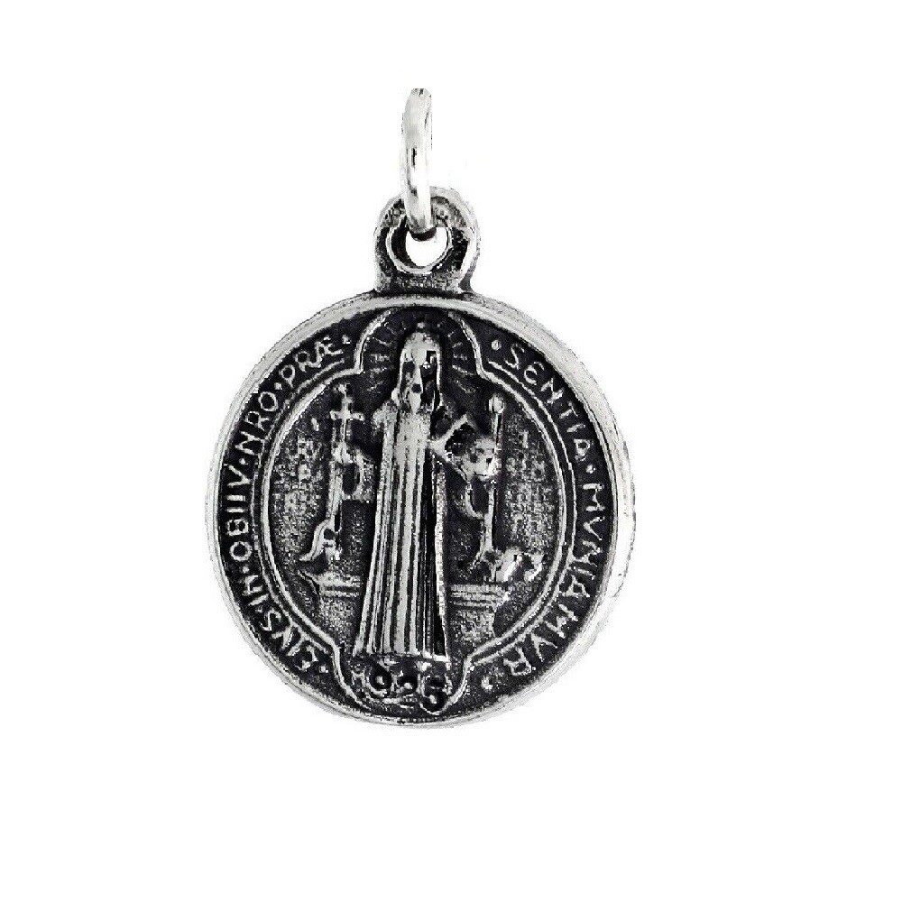 Sterling Silver St. Benedict Double Sided Pendant / Charm, Italian Box Chain
