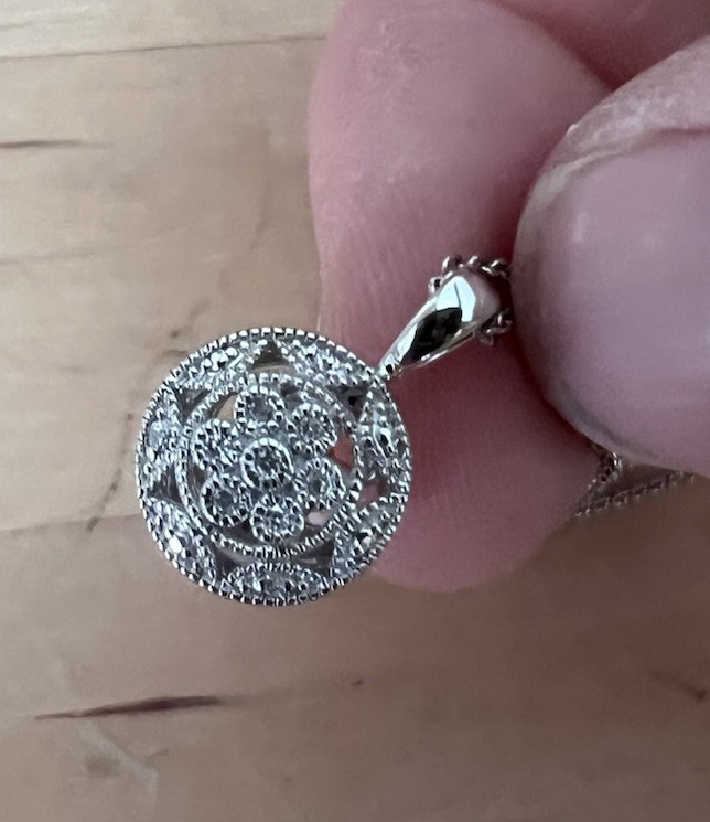 Sterling Silver Diamond Necklace Round Pendant .925 Flower Filigree $200 Retail