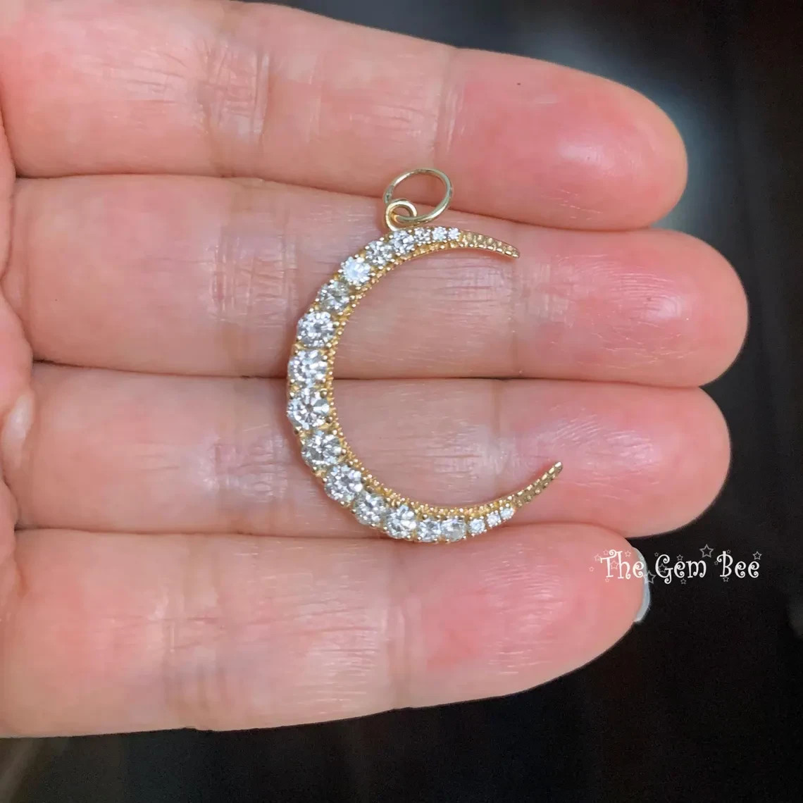 21x26mm 14K Yellow Gold 1.25CT Natural Diamond LARGE Crescent Moon Charm Pendant
