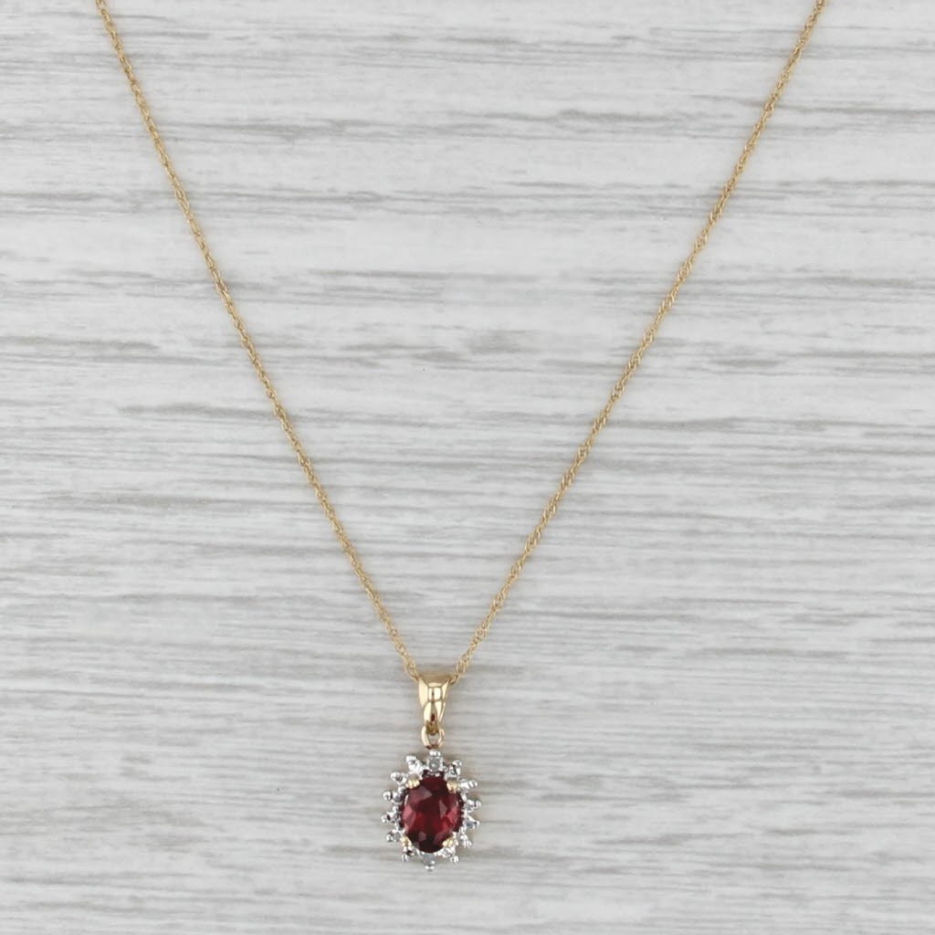 0.45ct Oval Garnet Diamond Pendant Necklace 14k Yellow Gold 18.25″ Rope Chain
