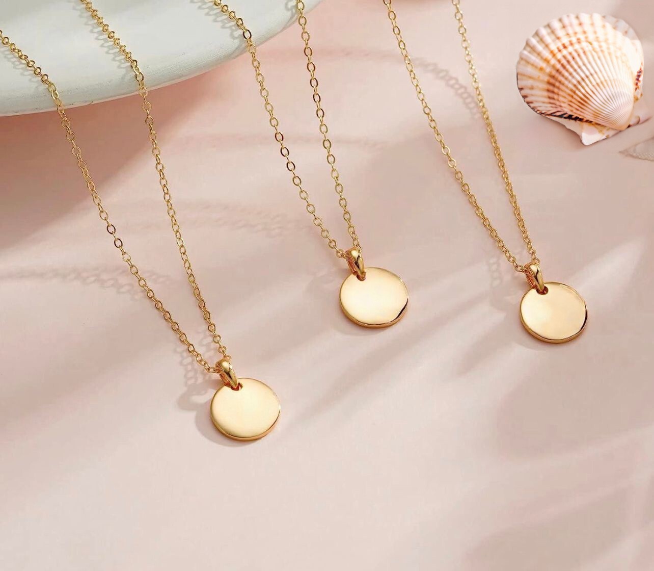 14K Plated Custom Engraved Disc Necklace, Gold Round Necklace, Circle Necklace