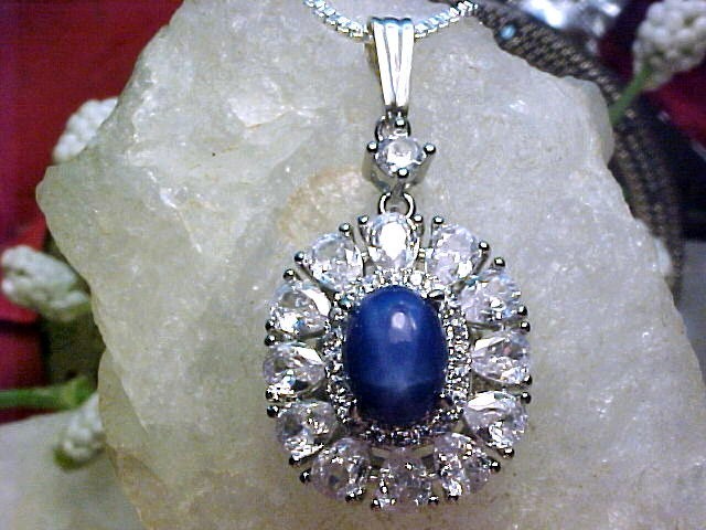 Genuine Blue Star Sapphire Pendant 8x6mm & White Topaz 925 SS White Gold Finish
