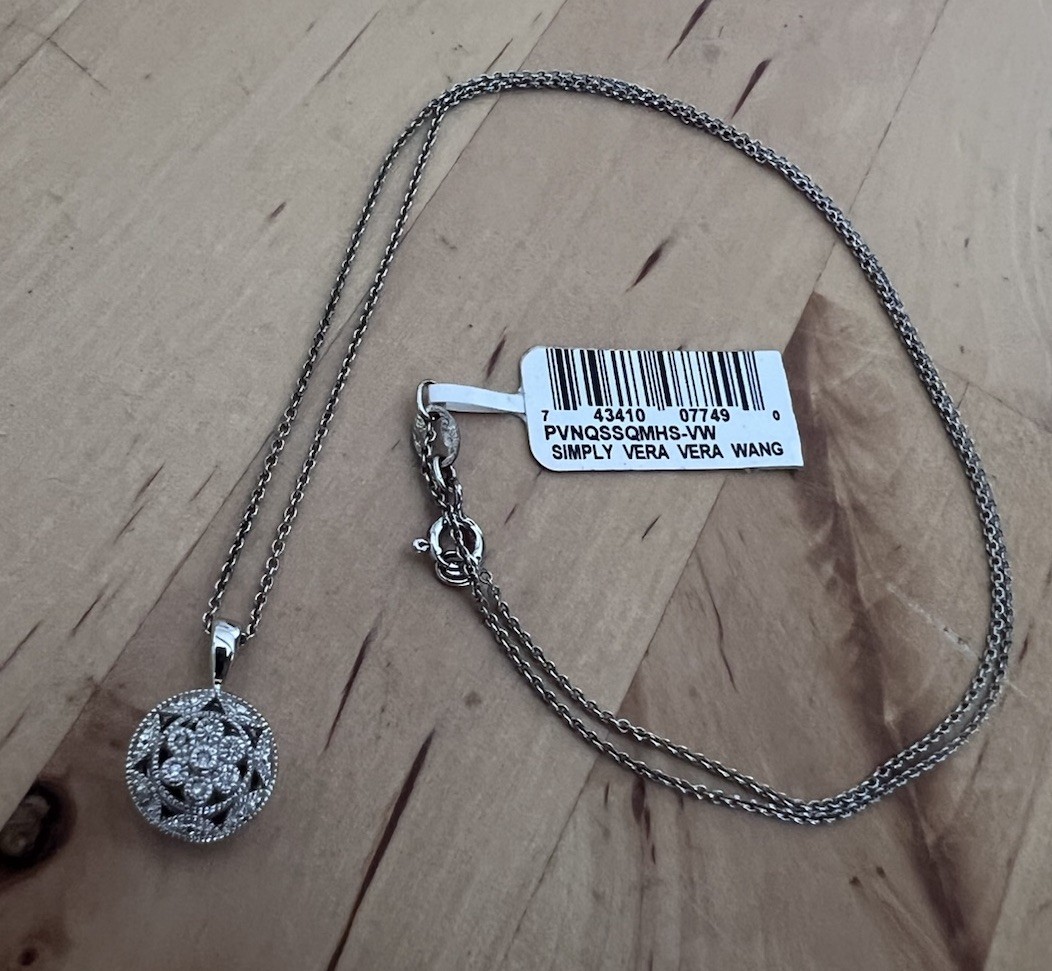 Sterling Silver Diamond Necklace Round Pendant .925 Flower Filigree $200 Retail