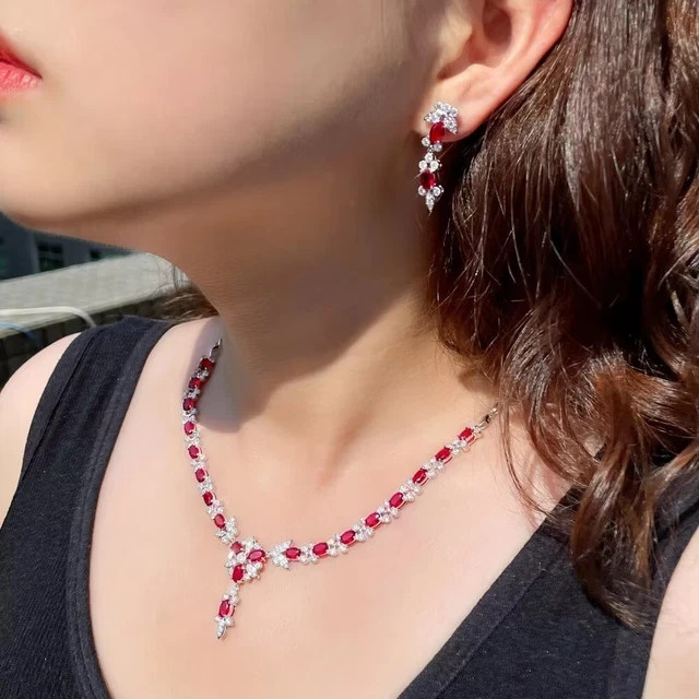 Lab-Created Oval Ruby & Diamond Wedding Women Necklace & Earrings Set 925 Silver