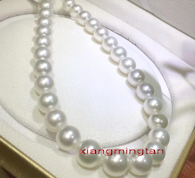 ROUND AAAAA 17″13-15mm real natural south sea WHITE pearl necklace 14K gold