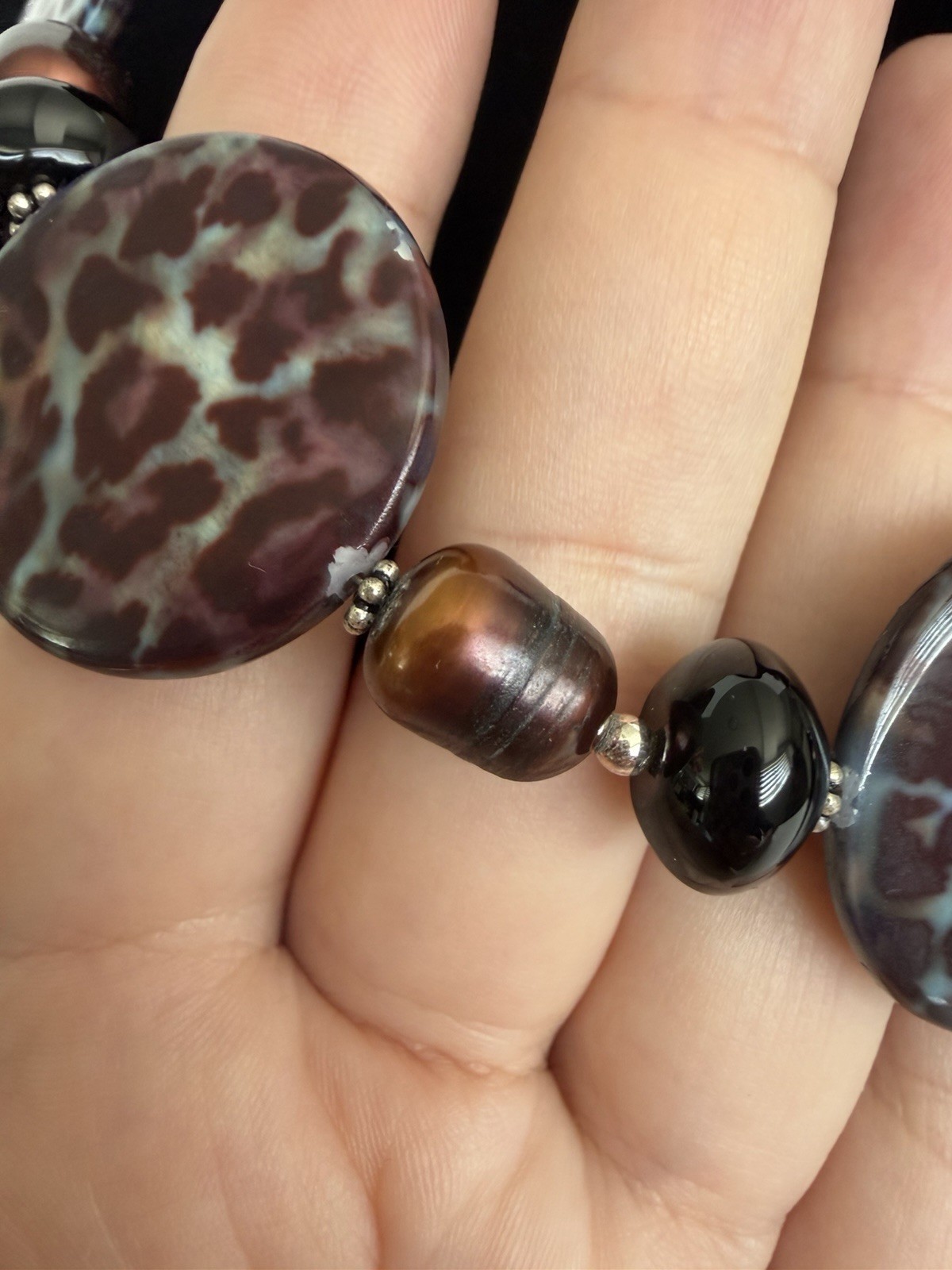 NWT Donna Dressler Leopard Print Agate Necklace 925 Genuine Onyx and Pearls!