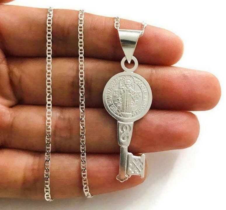 925 Sterling Silver Saint Benedict Key Necklace 20″/Cadena San Benito llave- P63