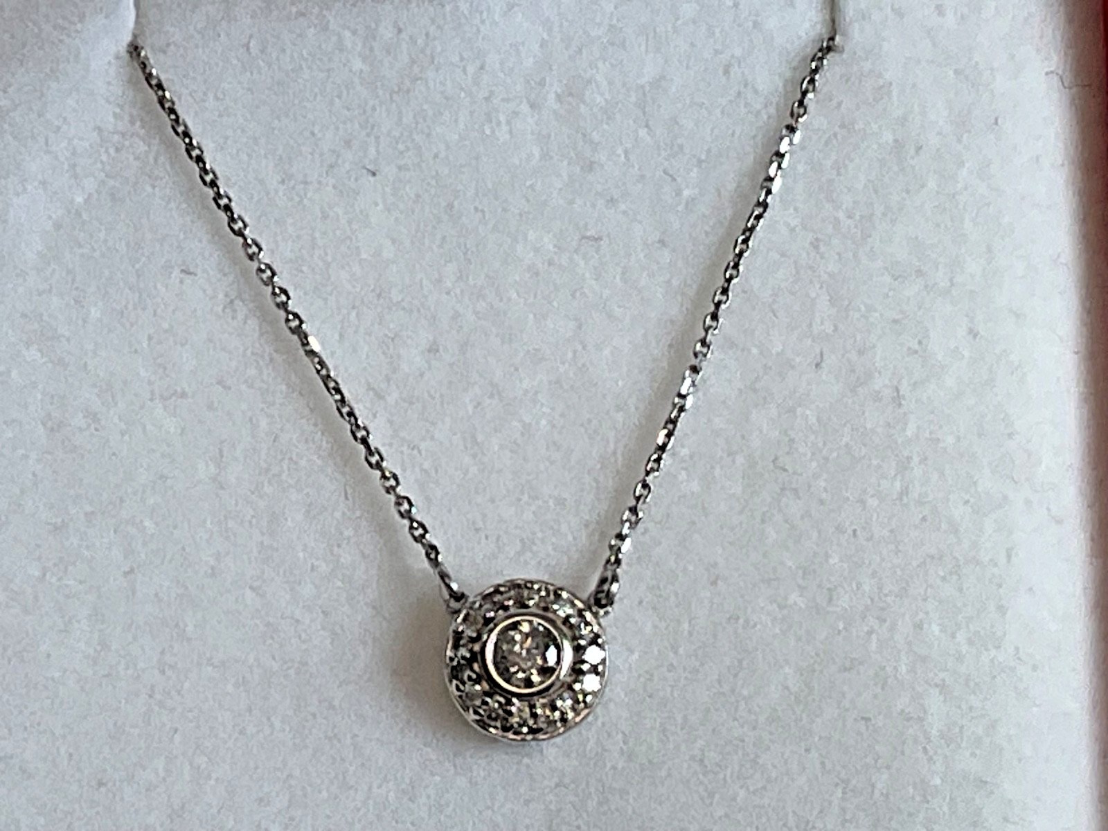 14k Diamond Halo Pendant Necklace – Bezel Set Center Stone, Pave Surround