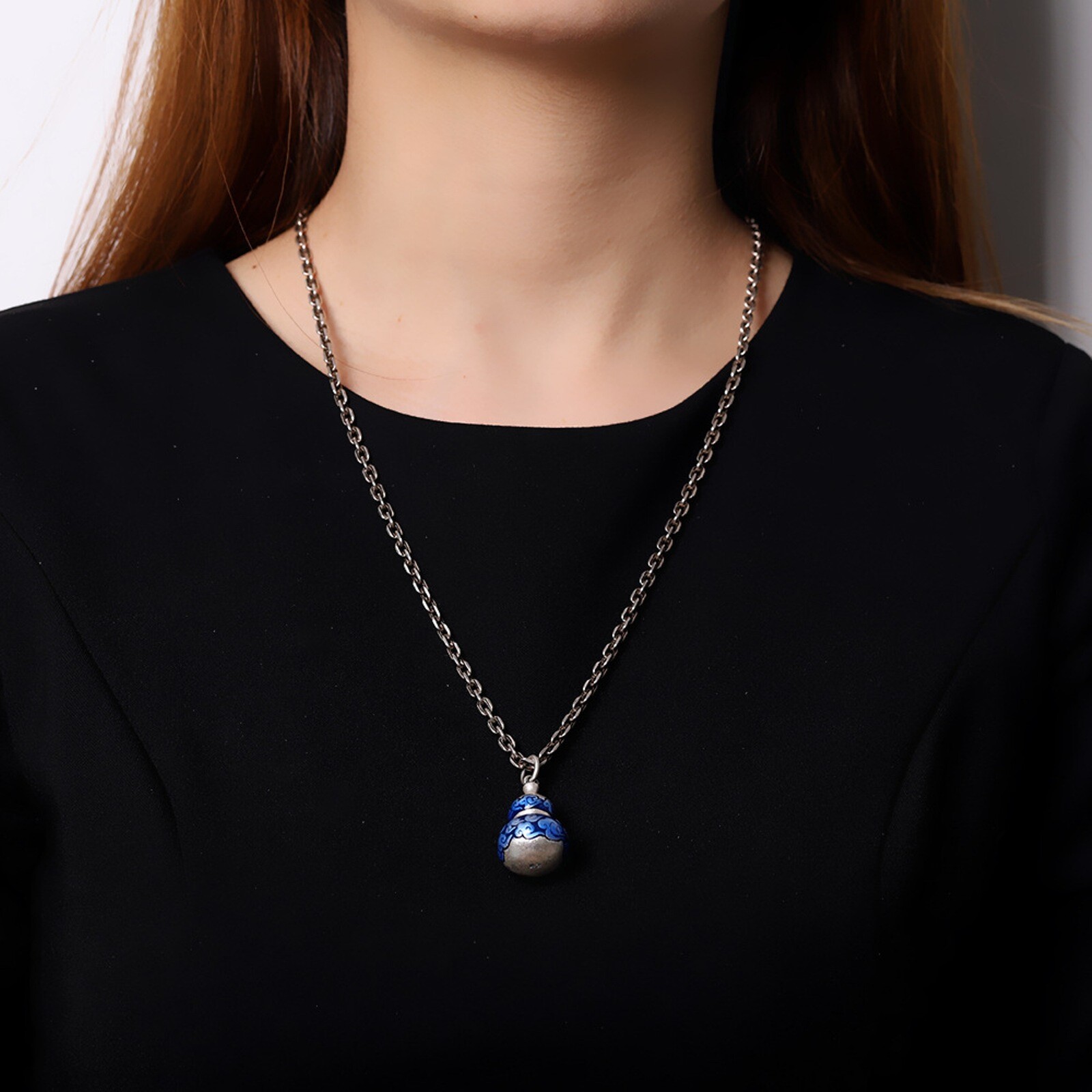 Pure S925 Sterling Silver Men Women Lucky Blue Enamel Gourd Box Pendant 15.5g