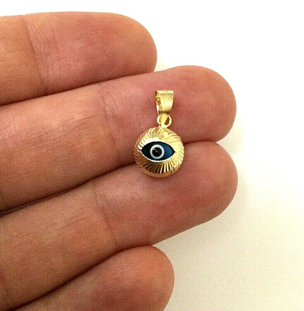 14K SOLID GOLD ROUND EVIL EYE PENDANT – 15mm x 9mm- 14k Solid Gold – PT454