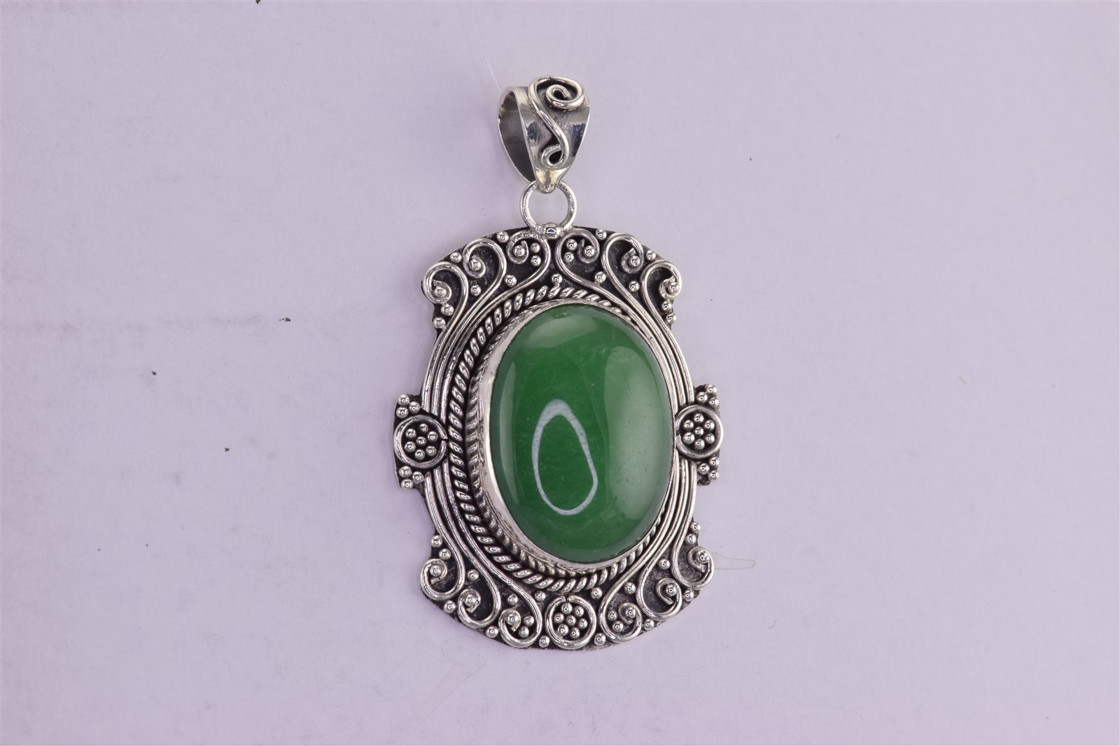 Sterling Silver 36mm x 26mm Oval Green Jade Balinese 10g Statement Pendant