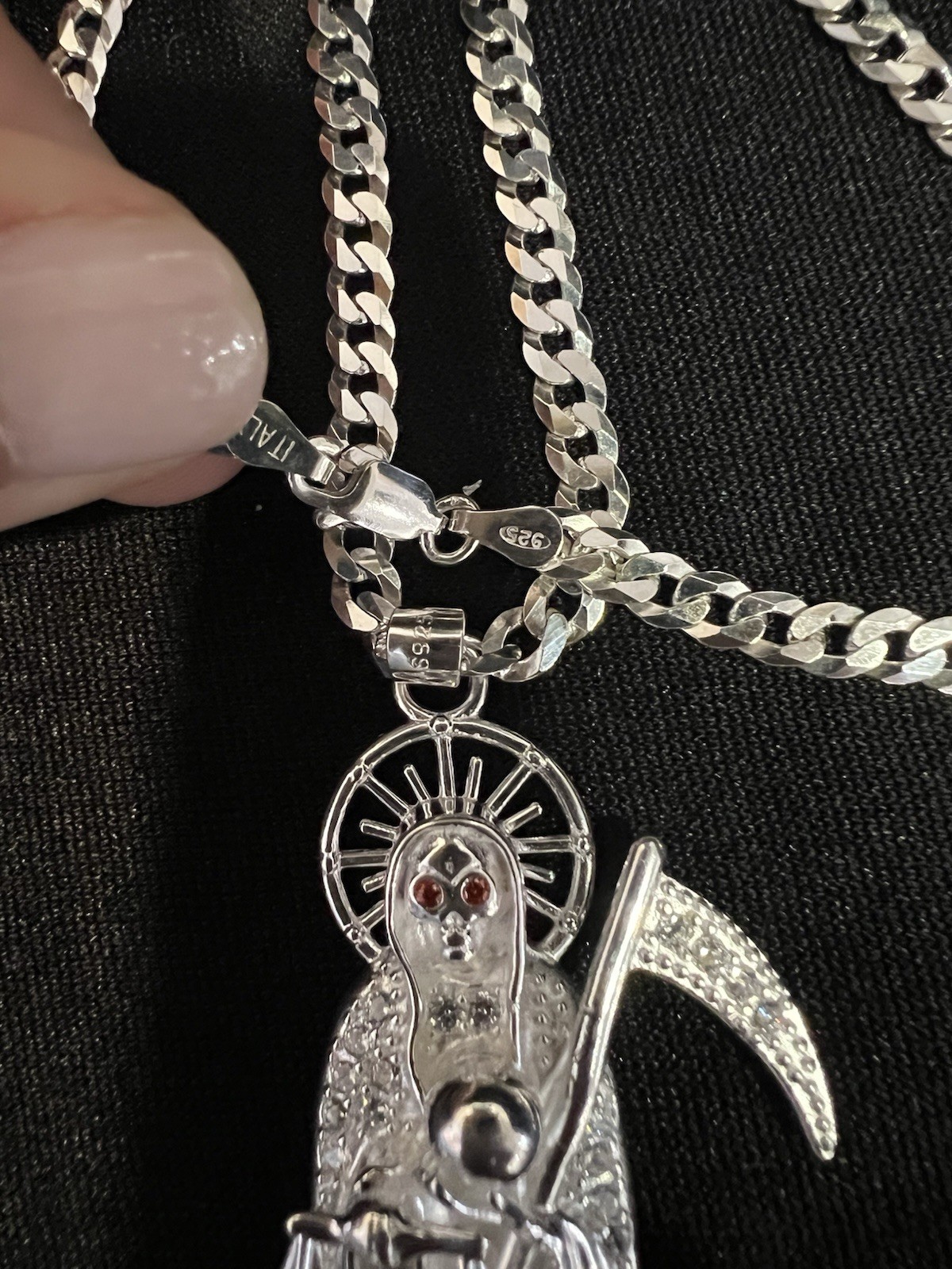 925 Sterling Silver Men Big CZ Santa Muerte Grim Reaper & Curb Chain 20 26 30