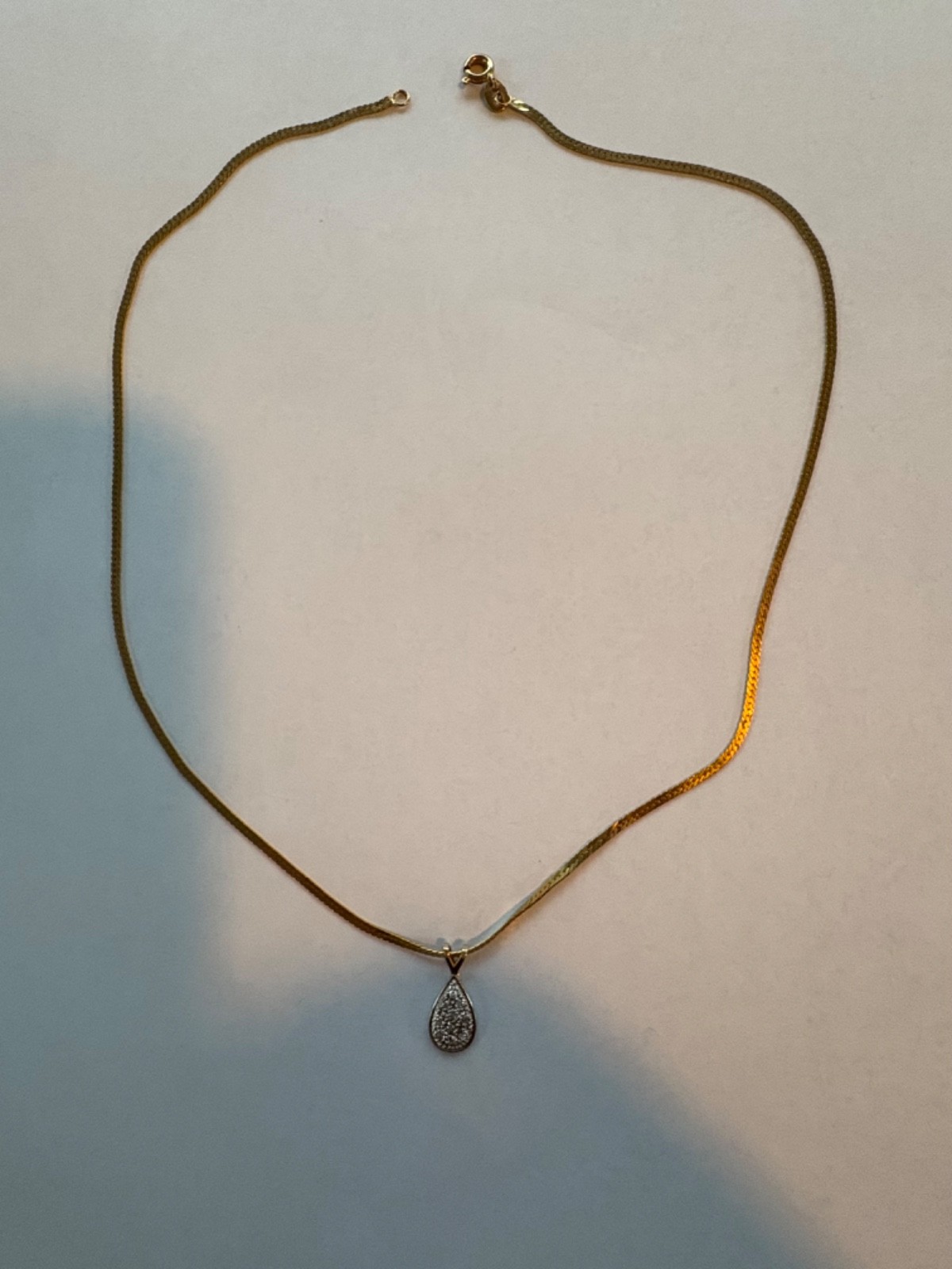 14K GOLD CHAIN NECKLACE, FLAT HERRINGBONE, 16″, PENDANT with SMALL DIAMONDS