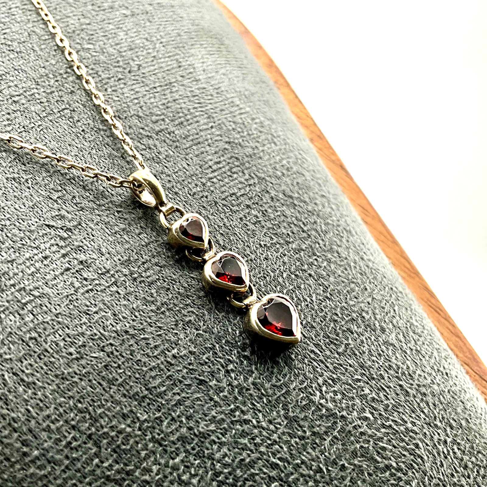 Minimalist Sterling Silver Three Heart Pendant Red Garnet with 17” Chain