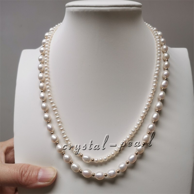 Double strands natural AAA white pearl necklace 17″ 19“ 14K GOLD CLASP