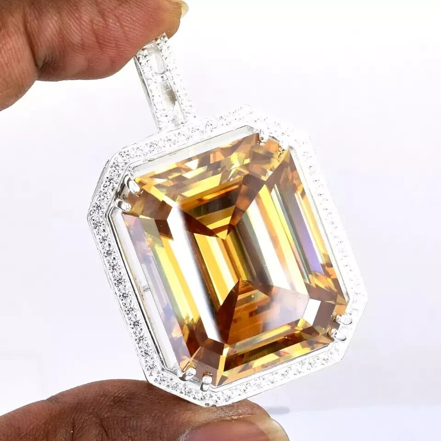 Valentine Gift 10.6 Ct Champagne Emerald Cut Lab Grown Necklace 925 Silver