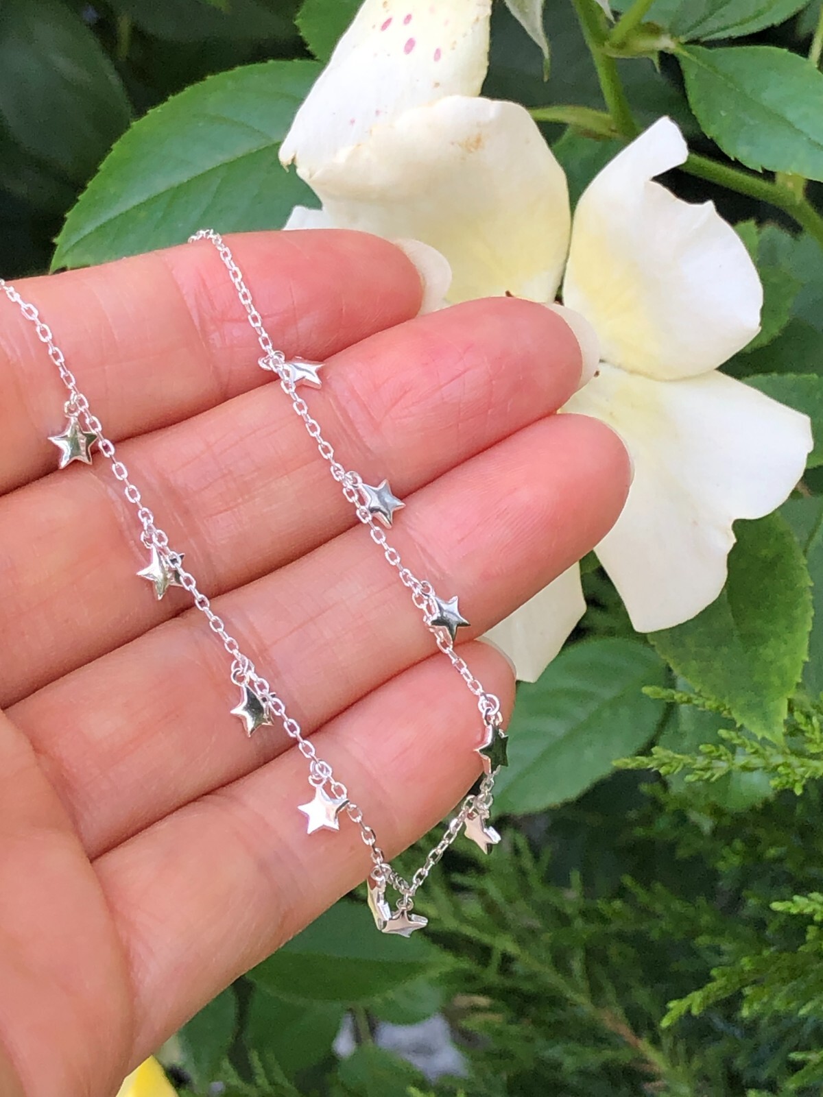 925 Sterling Silver Dangle Star Station Choker Necklace Dainty 3.5mm 15.5″ Women